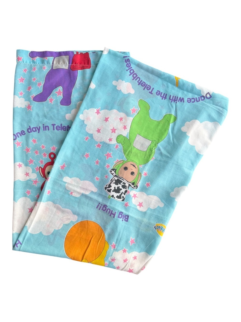 VTG ‘90s Teletubbies Toddler Crib Flat Bed Sheet Blue Big Hug BBC Ragdoll